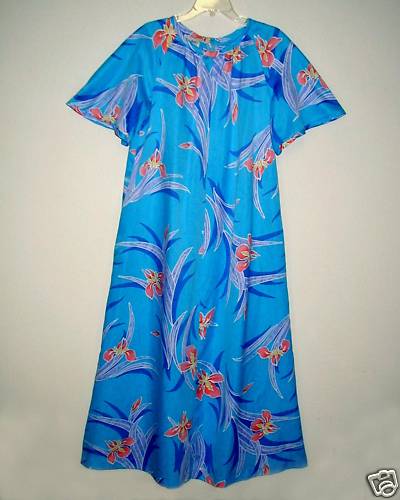 Sz 14 PARADISE HAWAII Vintage 60s-70s Muumuu Dress Poly Full Length Aqua
