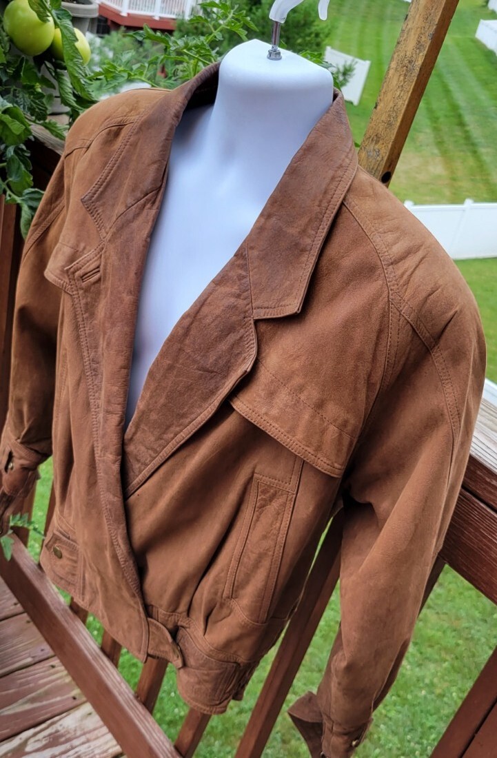VTG 80s Maggie Lawrence Brown Leather Pleated Snap Up Jacket Sz Med (oversized)