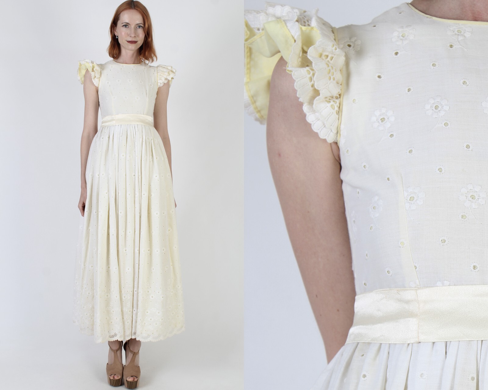 Vtg Plain Old Fashion Pale Yellow Eyelet Ruffle Maxi Prairie Full Skirt Dress