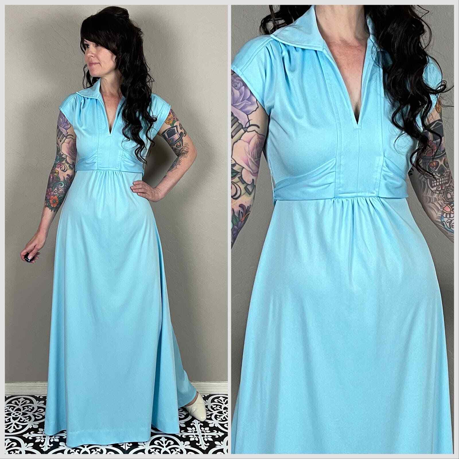 Vintage 1970s Blue Collared Short Sleeve A-line Dress – 28″/30″ Waist