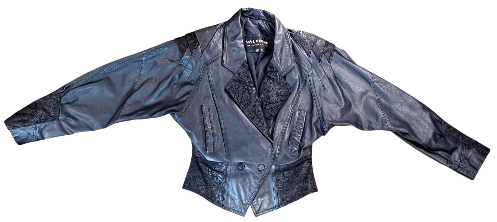 VTG Wilsons 100% Leather Moto Jacket 1980s-90s Black Women MEDIUM Floral Paisley