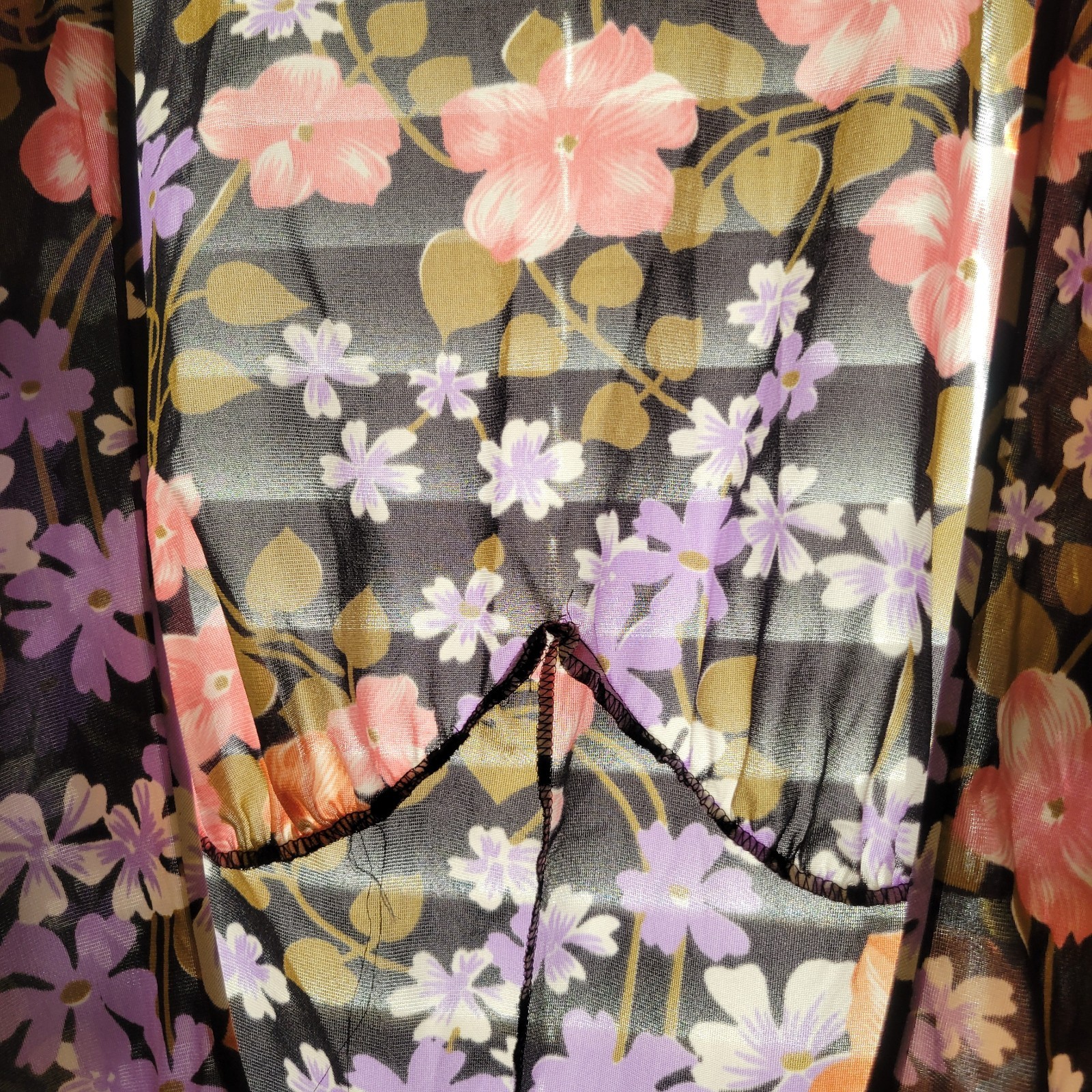 Vintage 70s 100% Antron Nylon Black Floral Maxi Dress Plunge Back Slinky Small