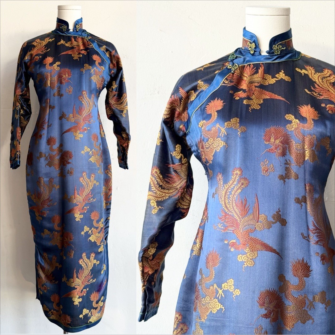 VTG 1950 Blue Silk Cheongsam/Qipao With Brocade Dragons & Phoenixs, Long Sleeve