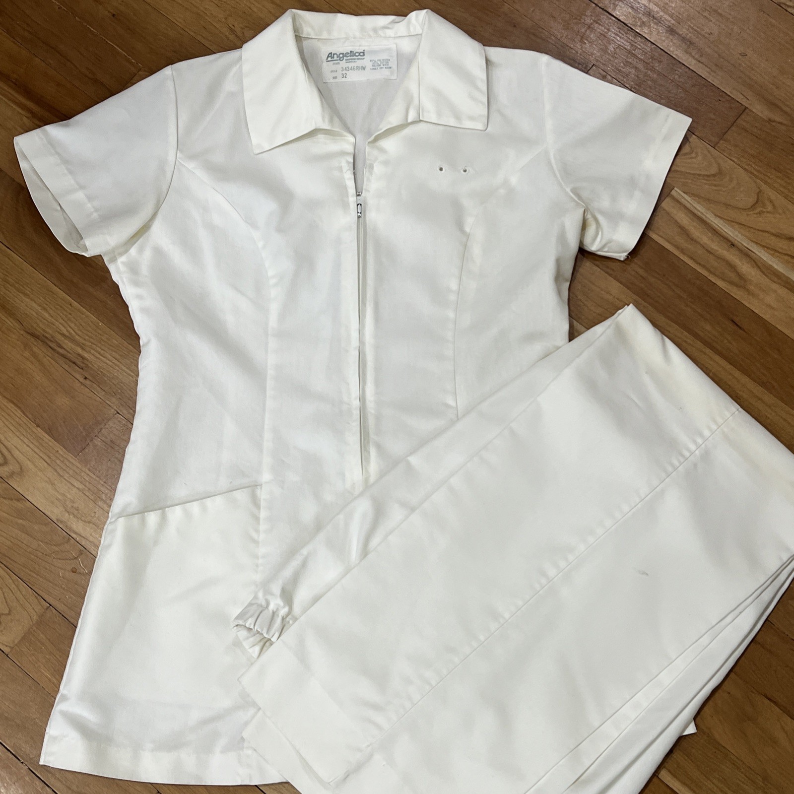 Vintage Angelica Nurses Zipper Top Pants Set Womens Sz 32 White, Made In USA