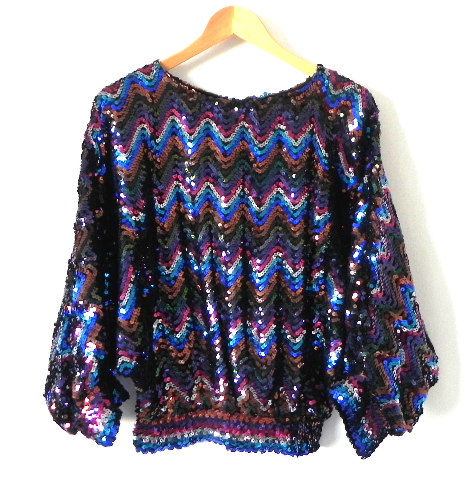 Vtg Sequin Top RARE Bat-Wing Over-Size w Fitted Hem Elastic Waist/Cuffs Size M
