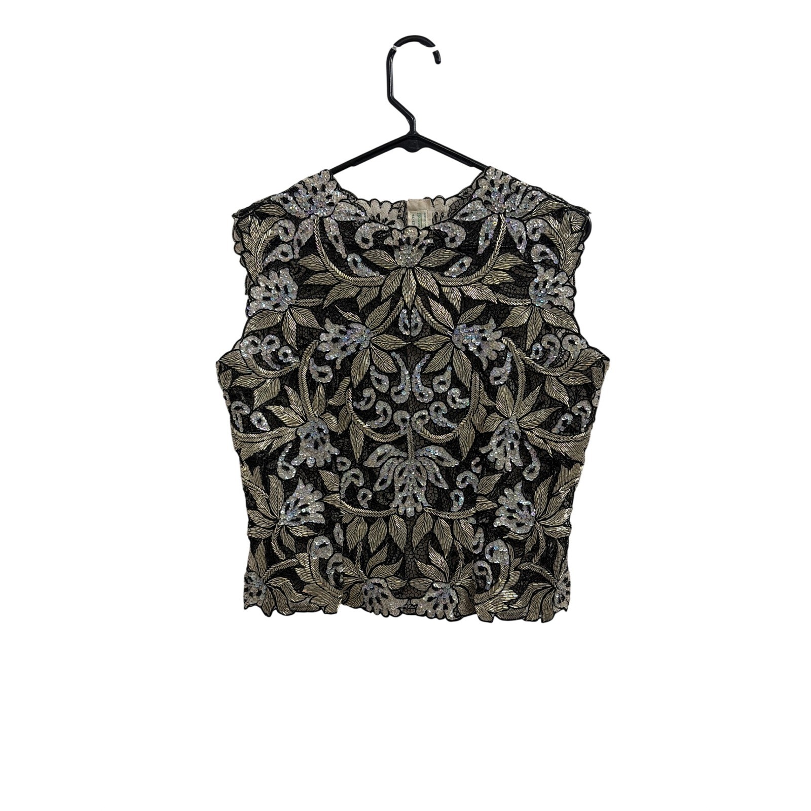 Top Beaded Vintage Magnins Women Medium Black Silver Sequin Lace Evening Tank