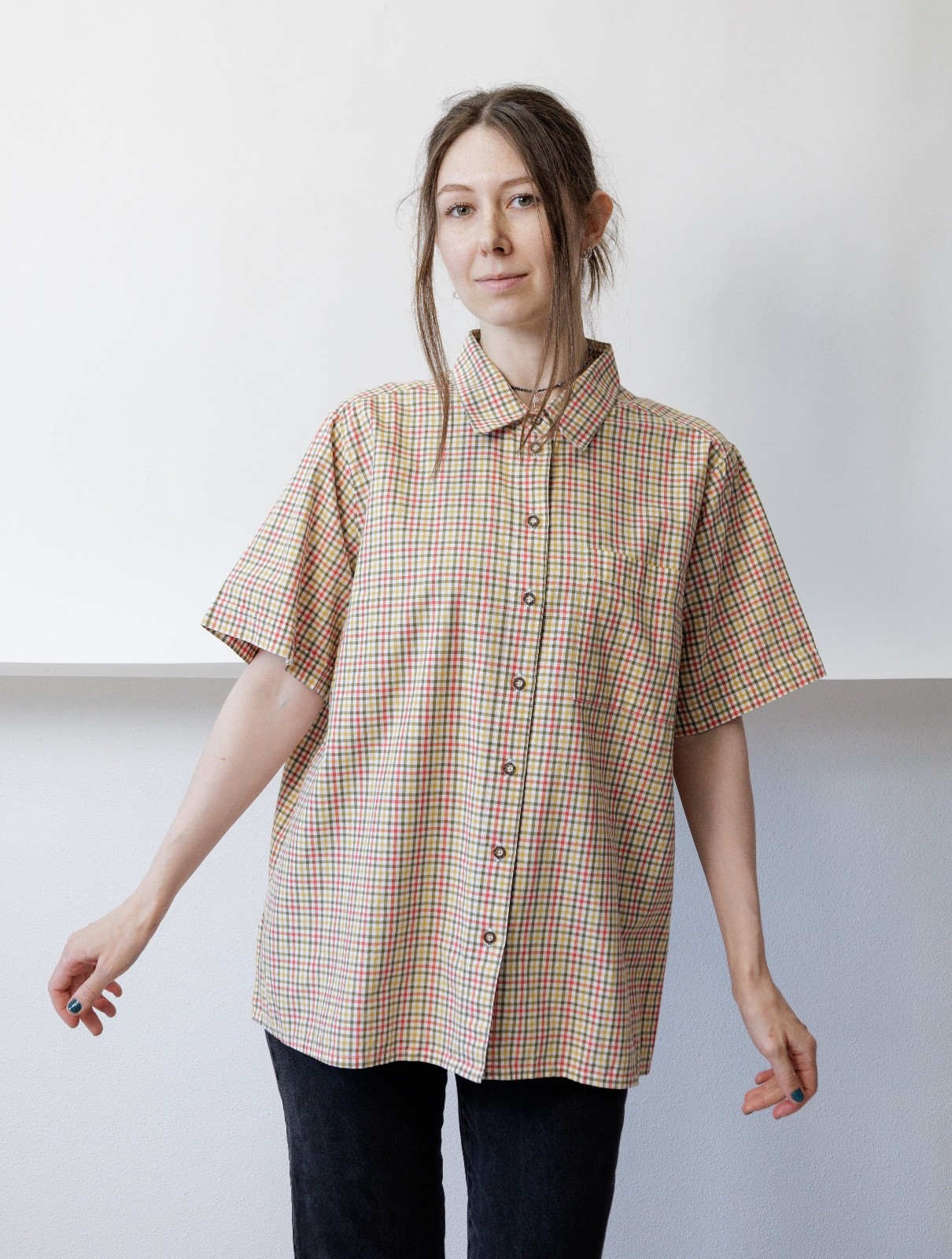 Vintage 90s Tattersall Check Plaid Short Sleeve Button Up Shirt Women’s L Oversi