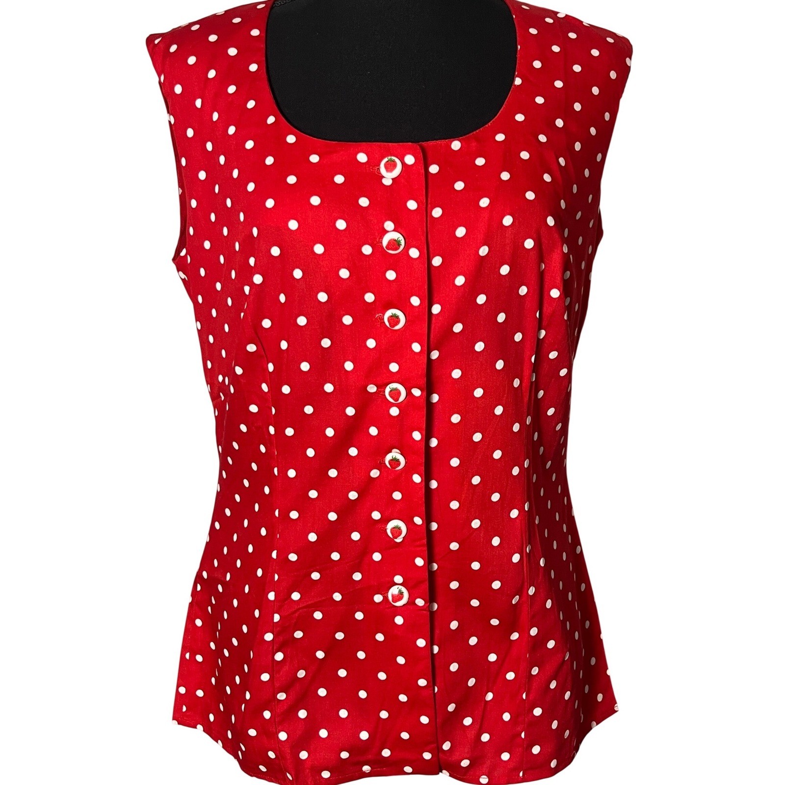 Vtg Alice of California Red Polka Dot Strawberry Button Top Womens 12 NOS 60s