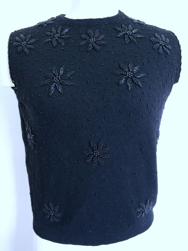 Vintage 50s 60s Wool Angora Beaded Sleeveless Sweater Shell Top Black 36″ Bust