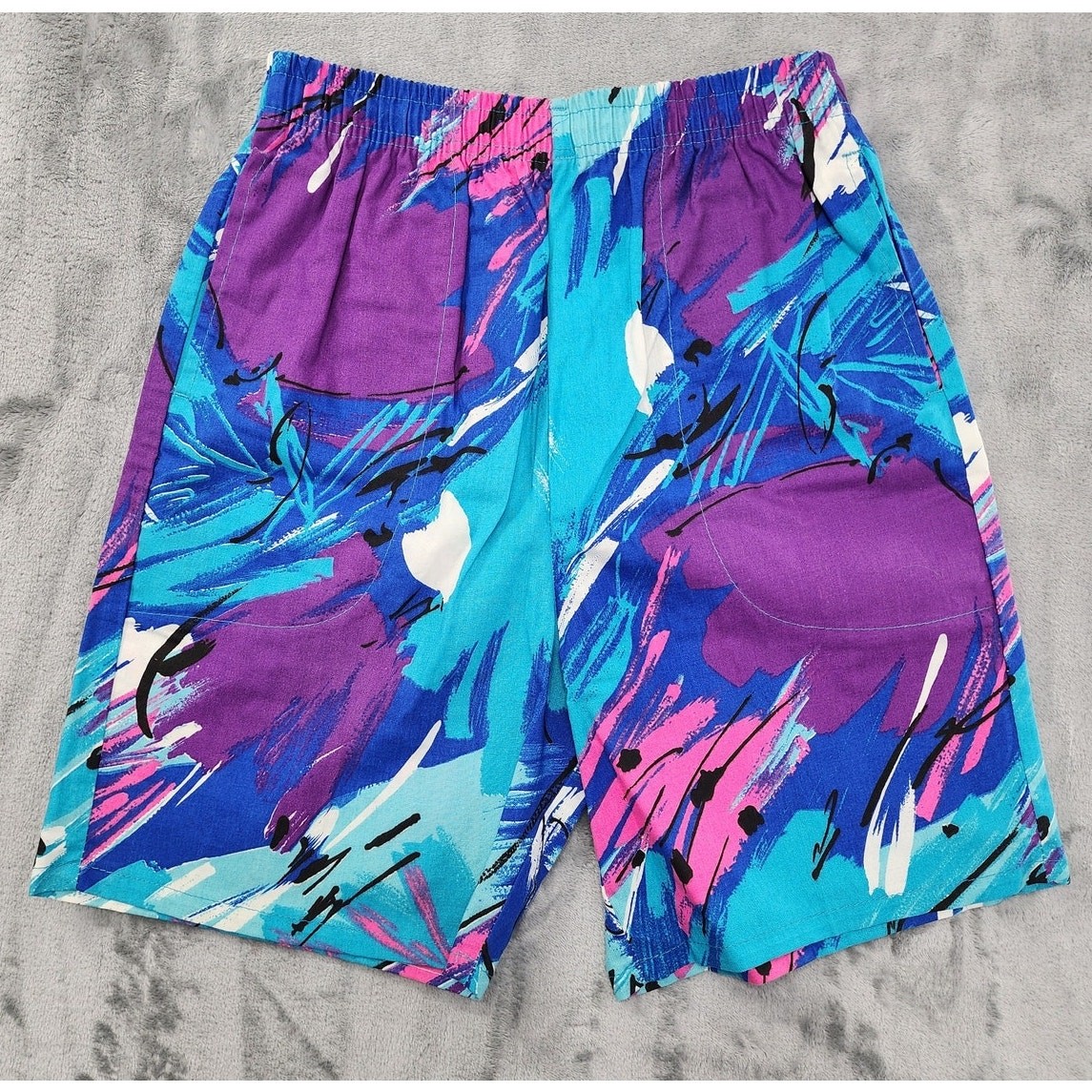 Vintage 80s JCPenney High Waist Pull On Shorts Size L Blue Pink Purple Splatter