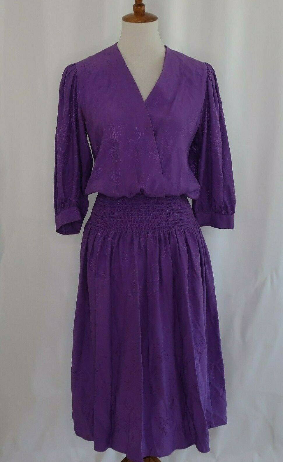 VTG 80s Maggy London Jeannene Booher SILK Purple Casual Wrap Drop Dress Womens 8