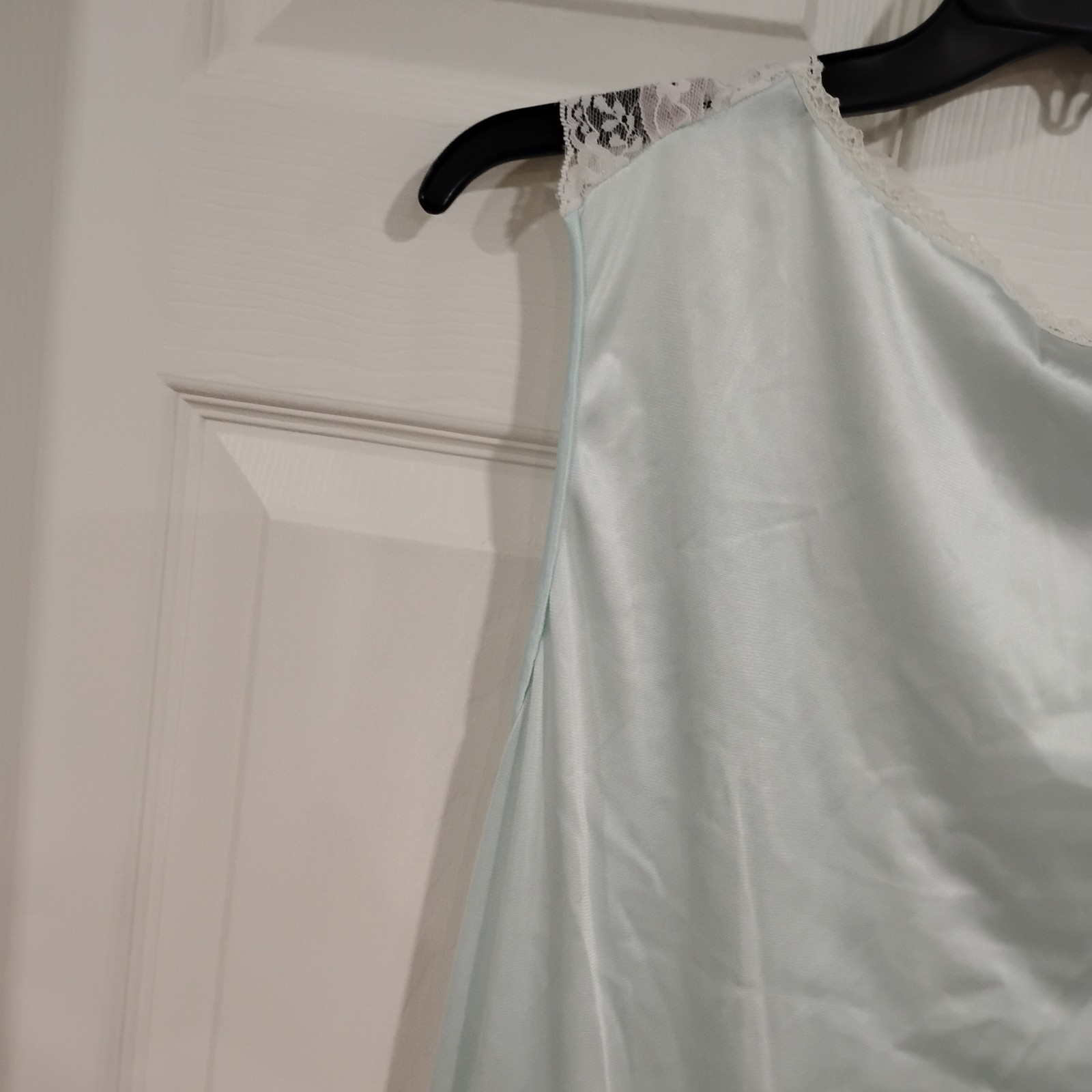 Vintage Vanity Fair Light Blue Silky Nightgown Size Large Lace Trim Midi