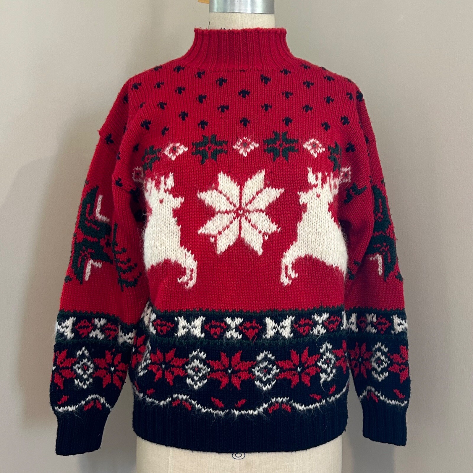 Vintage 90s Christmas Sweater Wool Acrylic Reindeer Fair Isle Mock Nk Red Size M