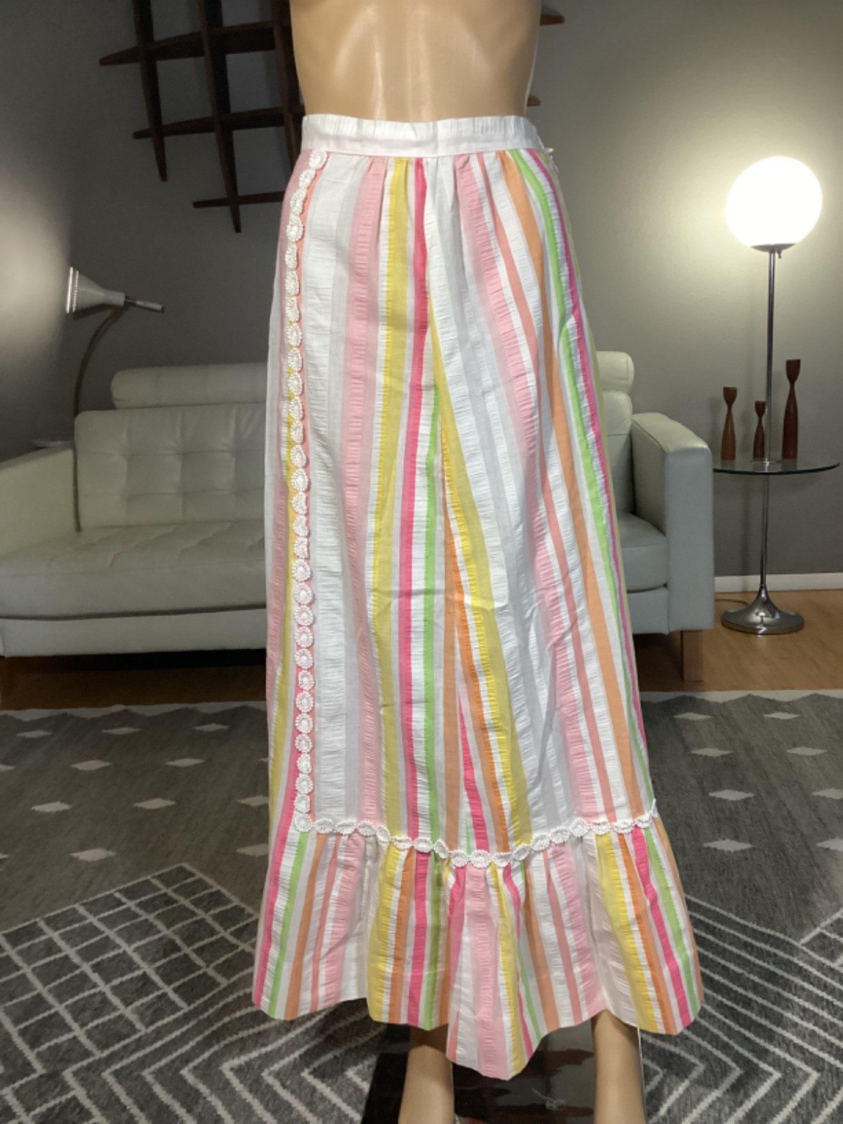 Vintage 1970s Alice of California Striped Applique Maxi Skirt Boho Hippie