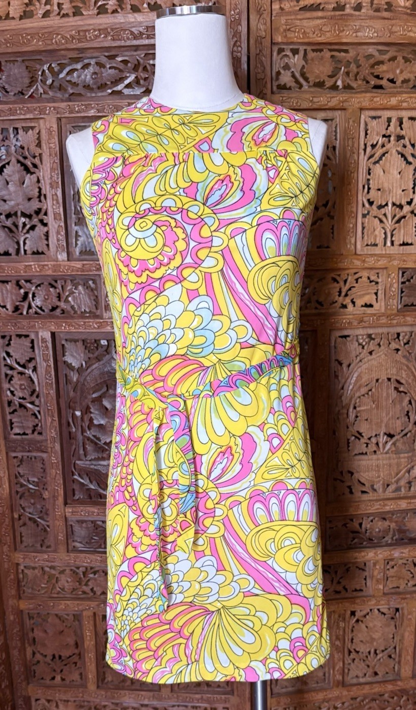 60s Vintage Psychedelic Mini Dress Mod Neon Paisley Floral Go Go Scooter Pink
