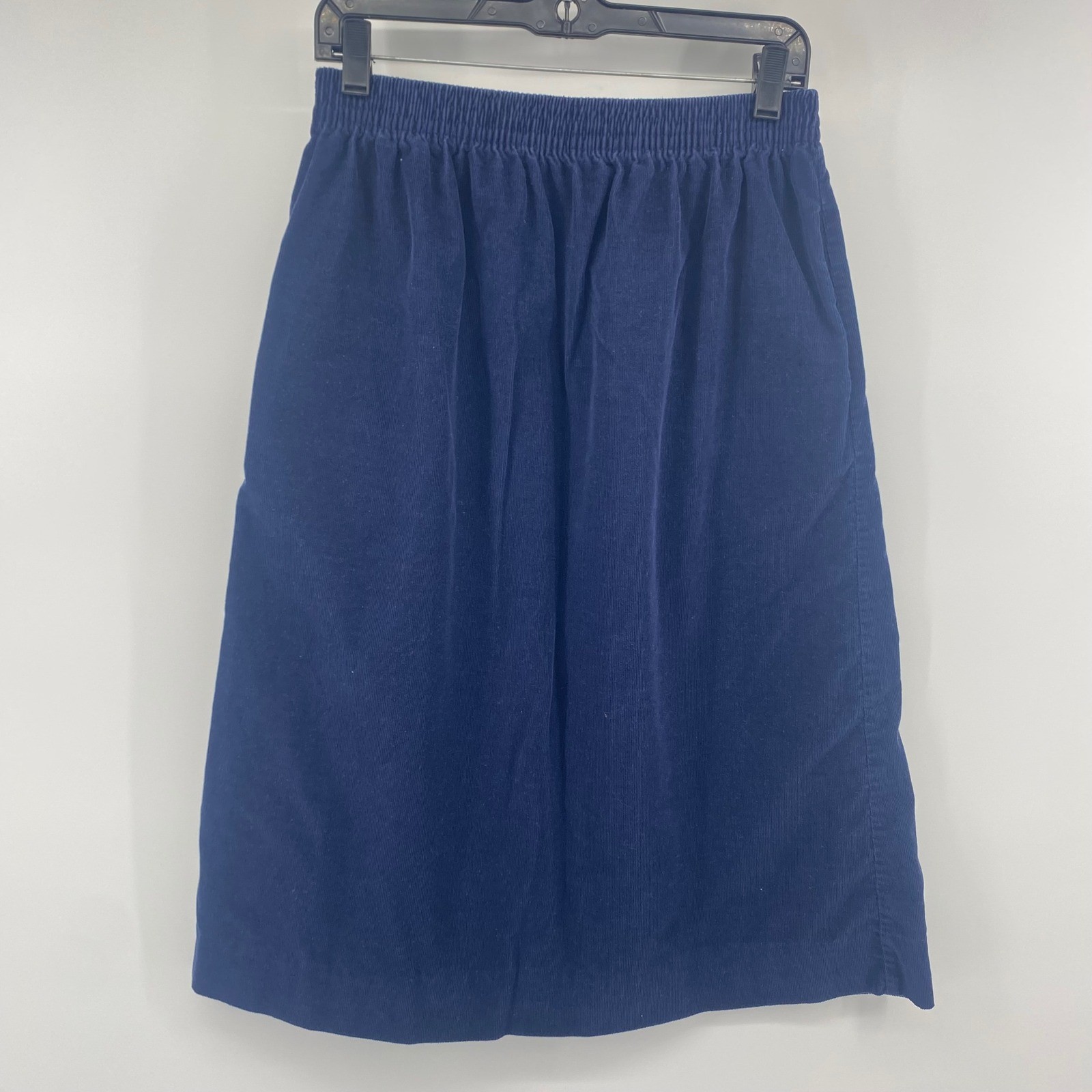 L.L. Bean Skirt Womens M Navy Blue Corduroy Elastic Waist Vintage Midi Pocket