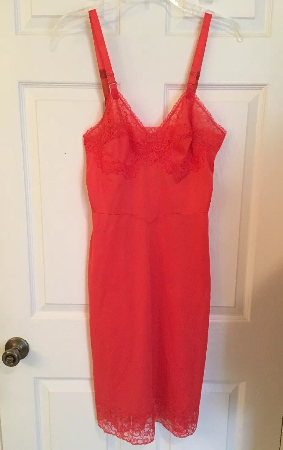 Rare Vintage Laros Coral -Red Orange Full Slip Nylon Lace USA Size 34