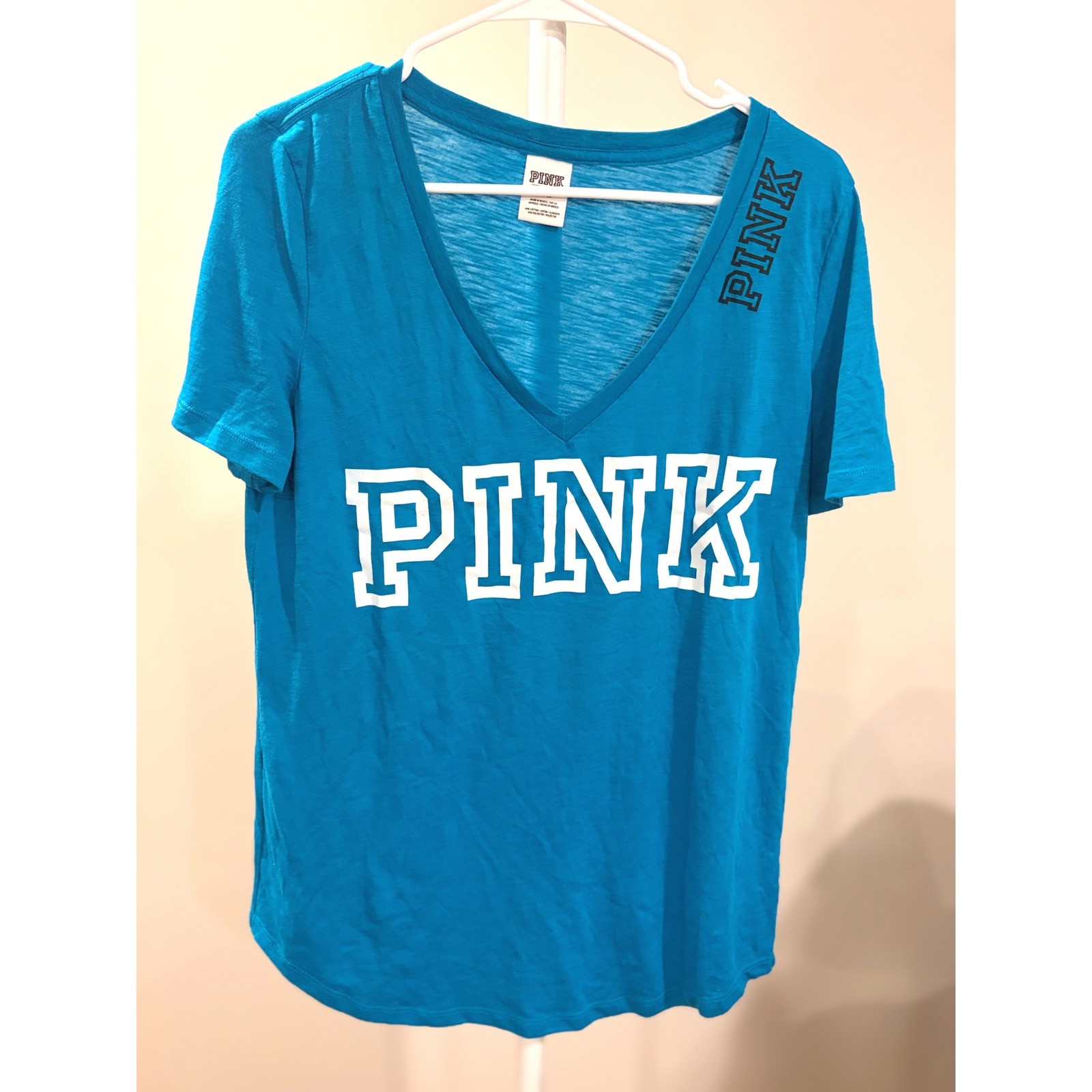 Y2K Vintage Victoria’s Secret Pink V-Neck T-Shirt Medium Turquoise Blue