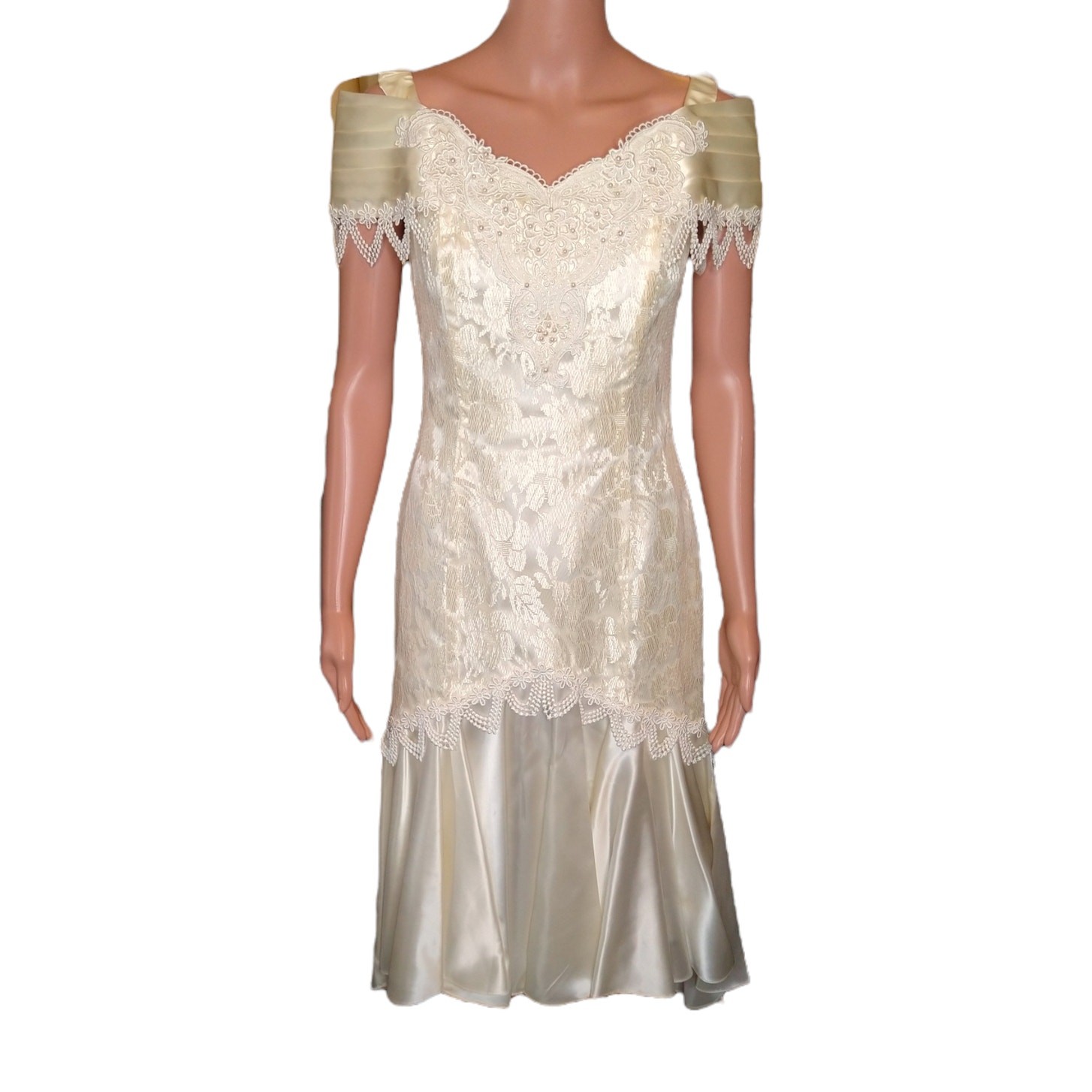 90’s Vintage Off Shoulder Mermaid Wedding Dress with Lace Silk Beaded