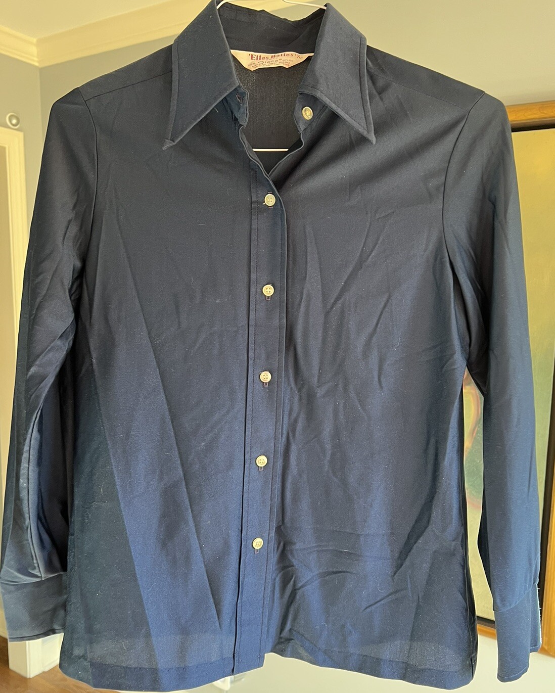 Vintage Elles Belles Navy Blue Button Up Blouse With Pointy Collar Sized Small