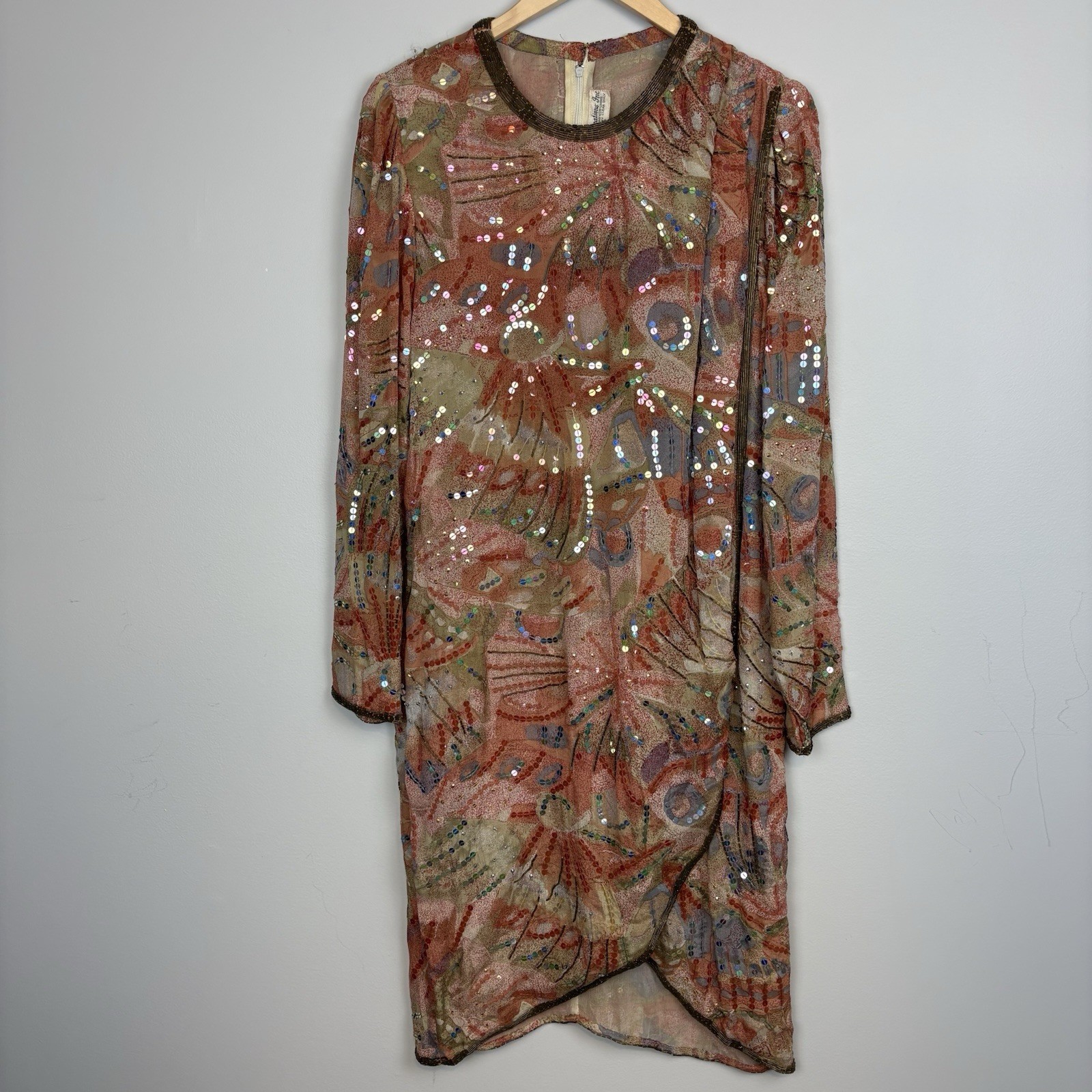 Vtg Judith Ann Creations Sequin 100% Abstract Silk India Long Sleeve Dress