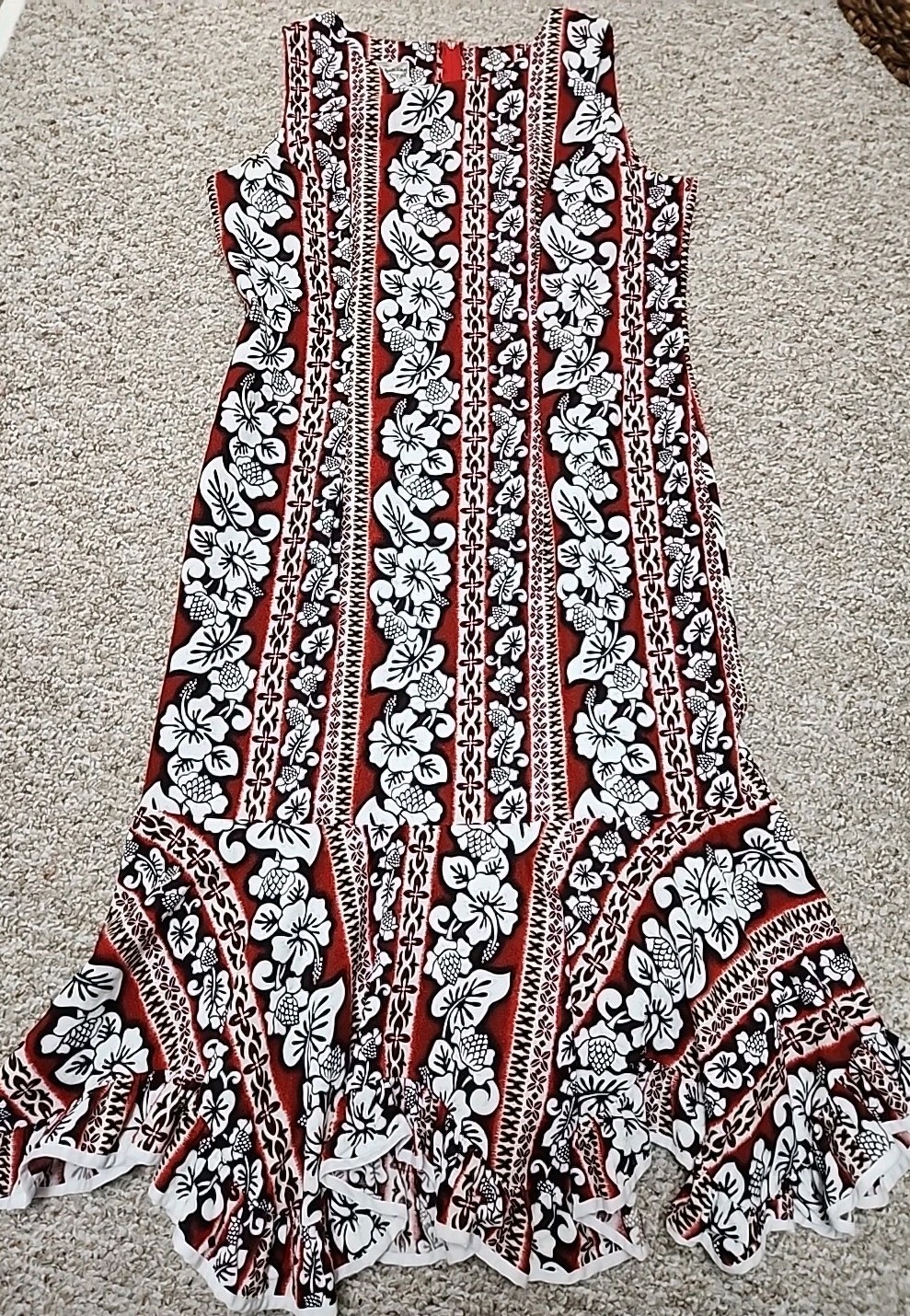 Hilo Hattie Vtg 18 red, brown floral Hawaiian sheath Maxi dress Ruffles Zip