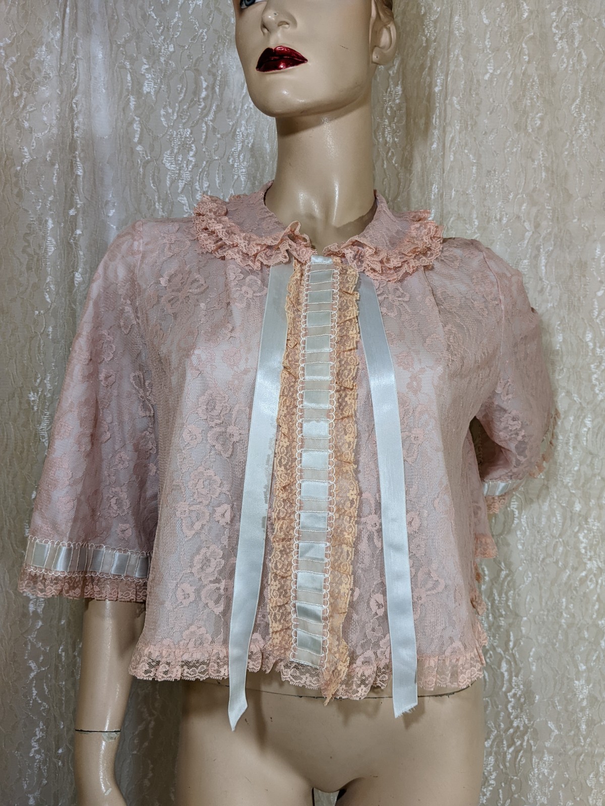 Vintage Odette Barsa Lingerie BED JACKET Lace Nylon Lace Overlay