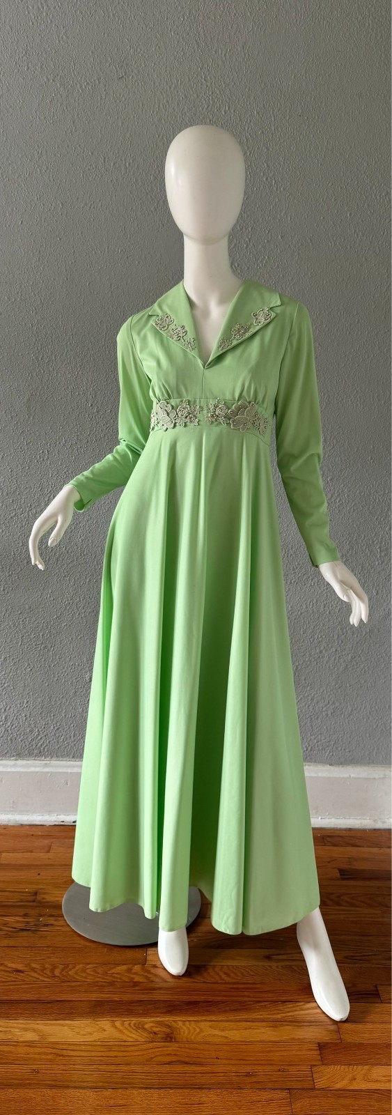 Vintage 60s Melon Green Long Sleeve Hostess Maxi Dress XS/S