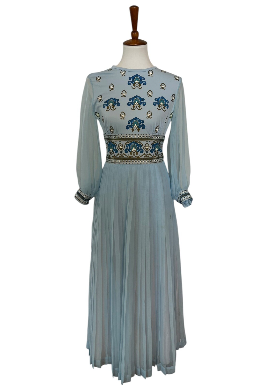 Vintage 1970s Alfred Shaheen Dress Light Blue Balloon Sleeve Gorgeous Size 6