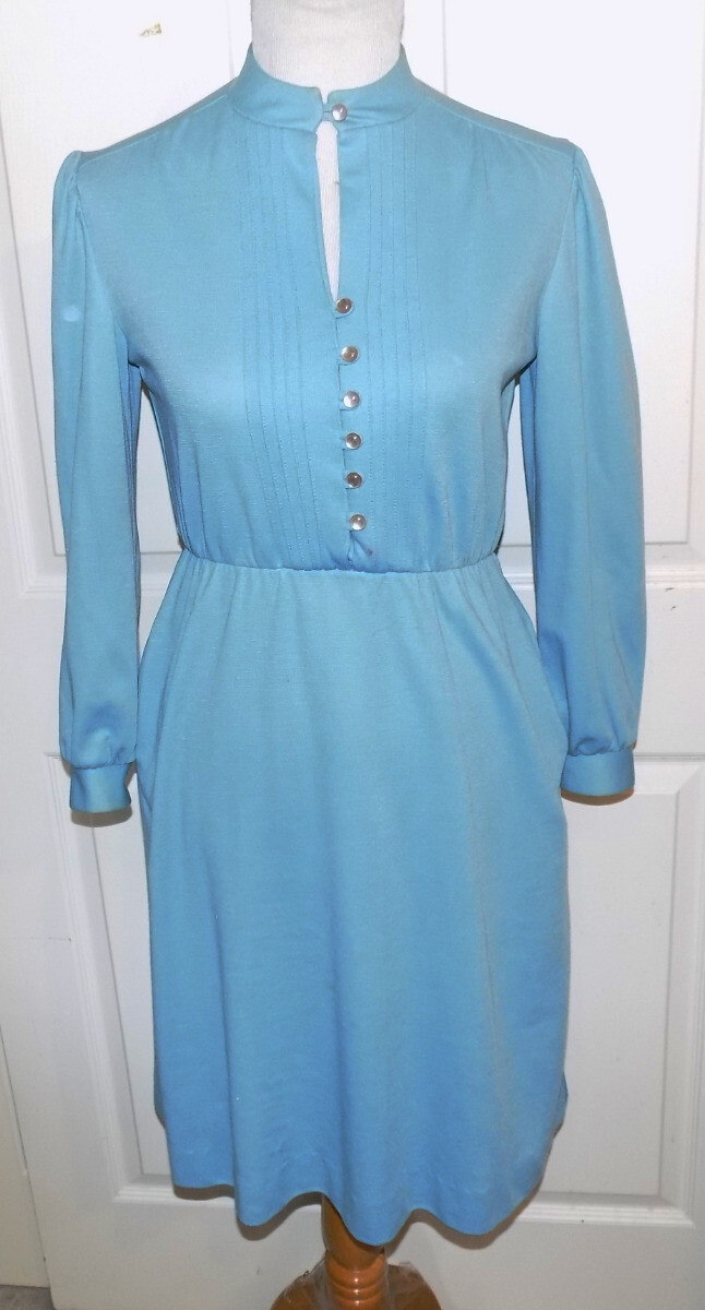 Vintage 70s Light Blue Dress Sunshine Alley Polyester Wool 8P B34
