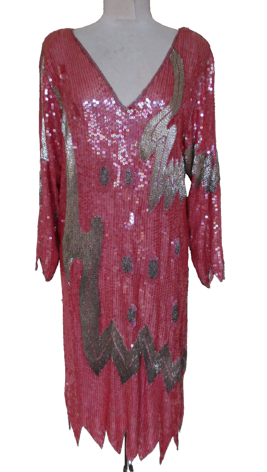 Vintage Sistermax Sequin Dress Pink Silk Silver Beads Handkerchief Hem S Flapper