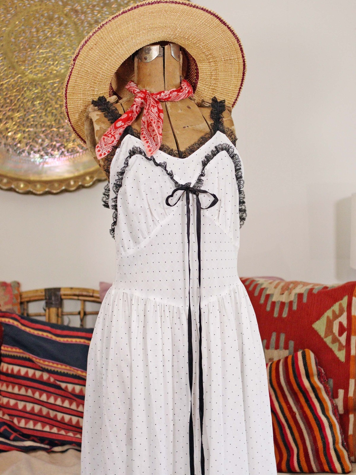 VTG 1950s White Ditsy Polka Dot Cotton Midi Slip Lingerie Dress with Black Lace