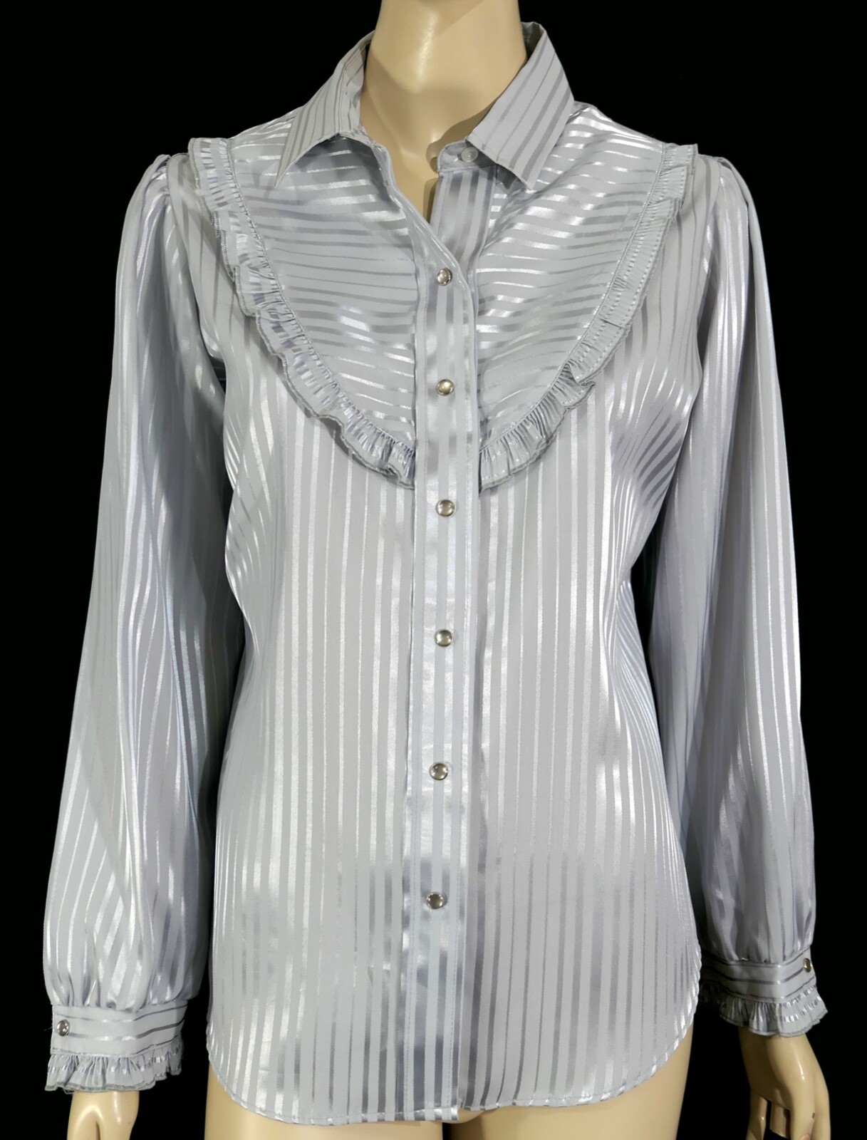 Vintage Panhandle Slim Blouse Opaque Btn Ruffle Brocade Stripe Gray Silver M/L
