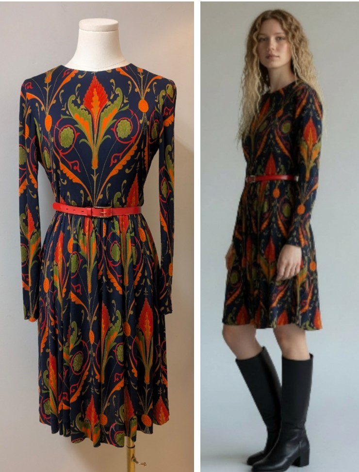 Vintage 60’s MOD Saks Fifth Avenue Jersey Art Noveau Deco Print Dress S