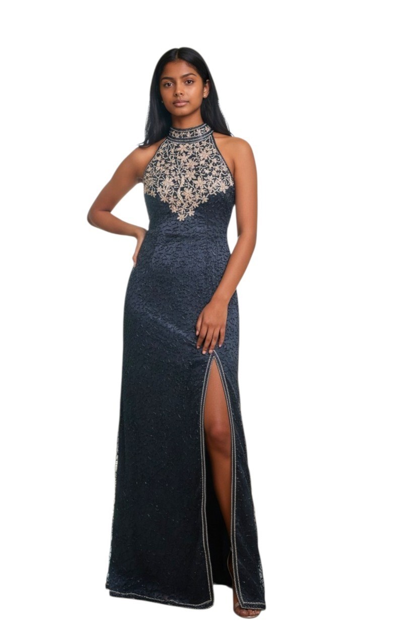 Vintage Papell Boutique Silk Black Beaded Halter Max Dress with Slit 6 Prom