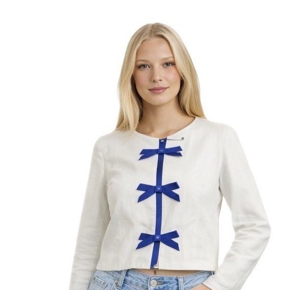Nipon Boutique 100% Linen Jacket Blazer Women’s Size 12 White Blue Bow Vintage
