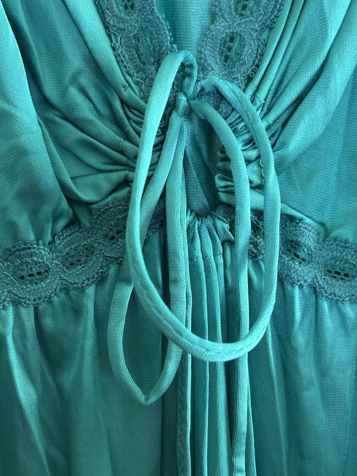 Vtg 1970s Miss Elaine Long Gown Teal Sz S Petite Union Made Lace Trim