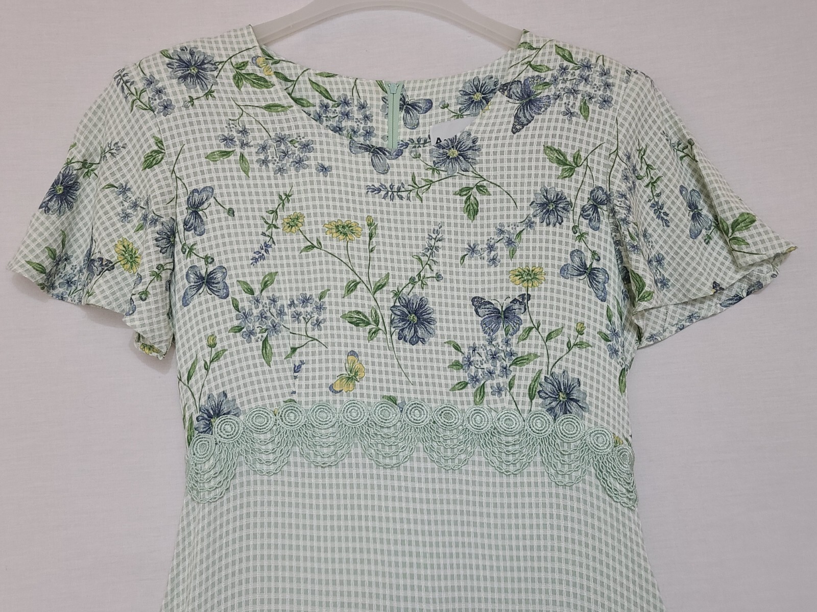 Vtg Another Thyme Green/White Gingham Check Floral Tie Back Maxi Dress Sz 16