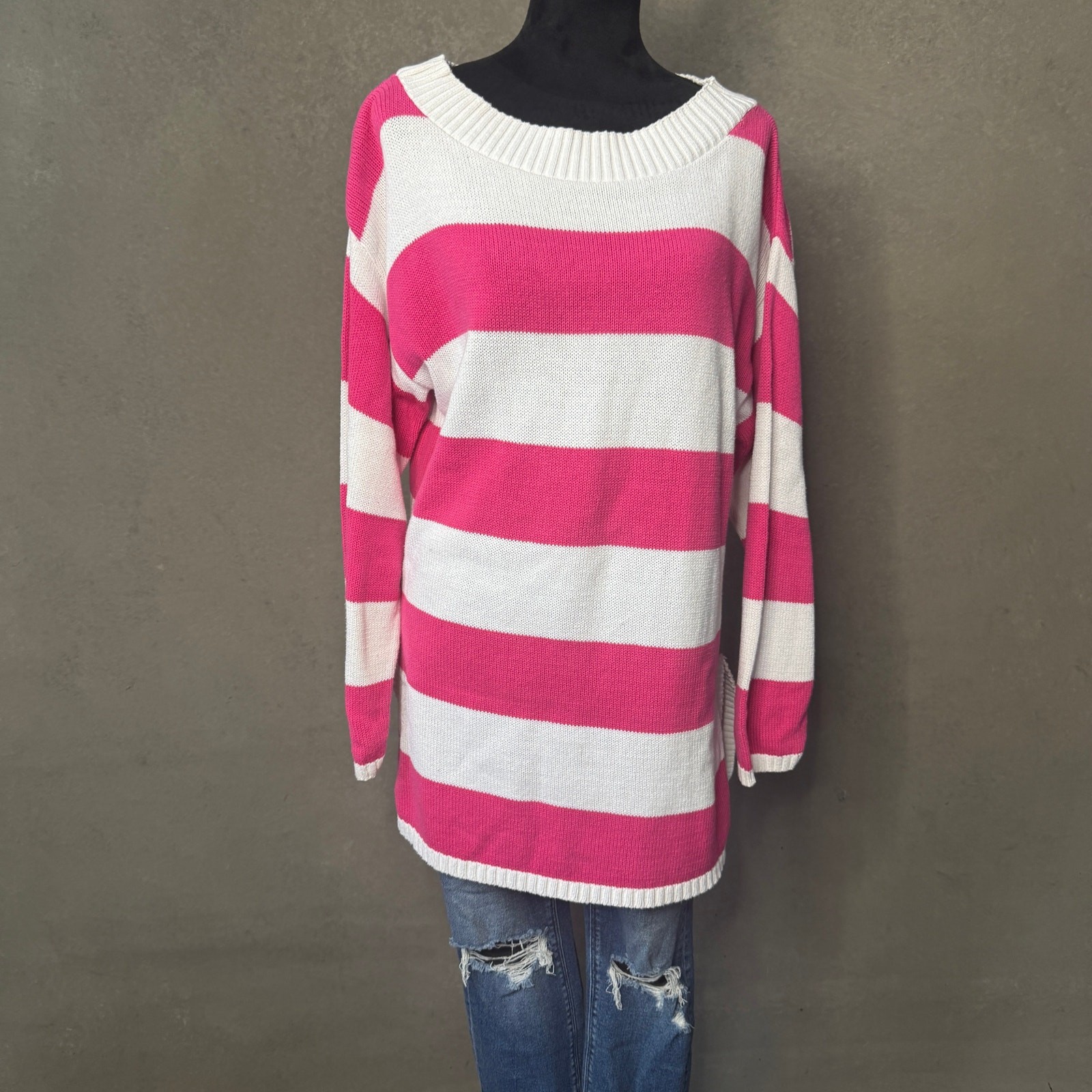 Vintage 1991 Moda International Victoria Secret Pink Stripe Tunic Sweater M USA