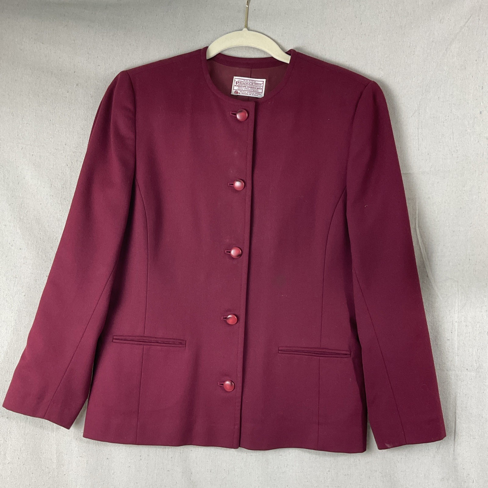 Pendleton Pure Virgin Wool Womens Petite Sz 10 Burgundy Blazer 2 Skirt Set VTG
