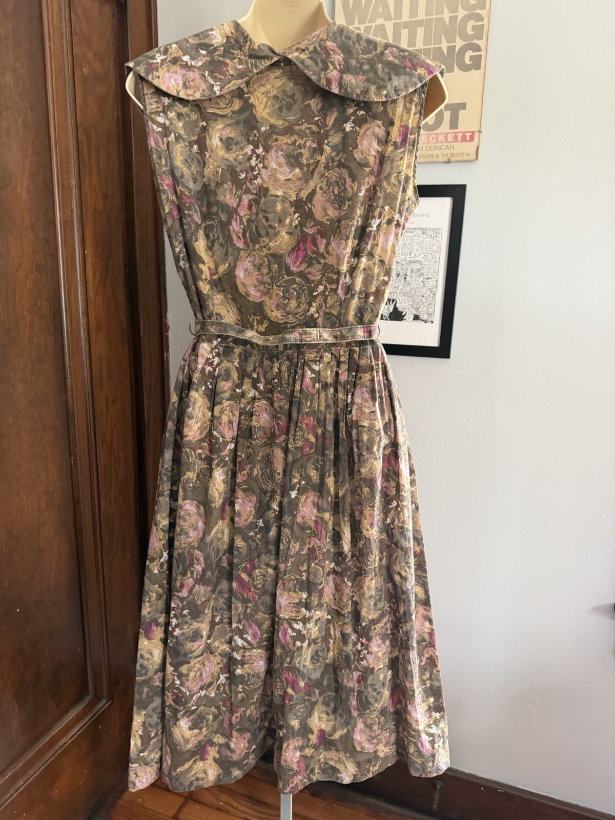 Vintage 50s Gingham Girl Rose Print Sundress S
