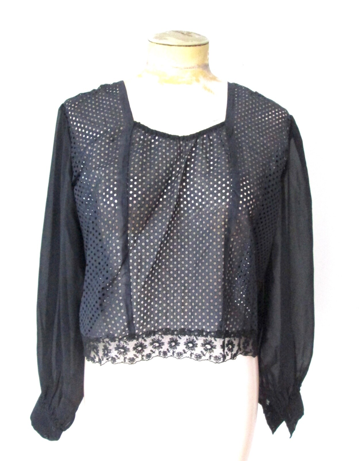 Antique 30s black cotton 2-pc dress top eyelet cutout dots lace velvet trim M