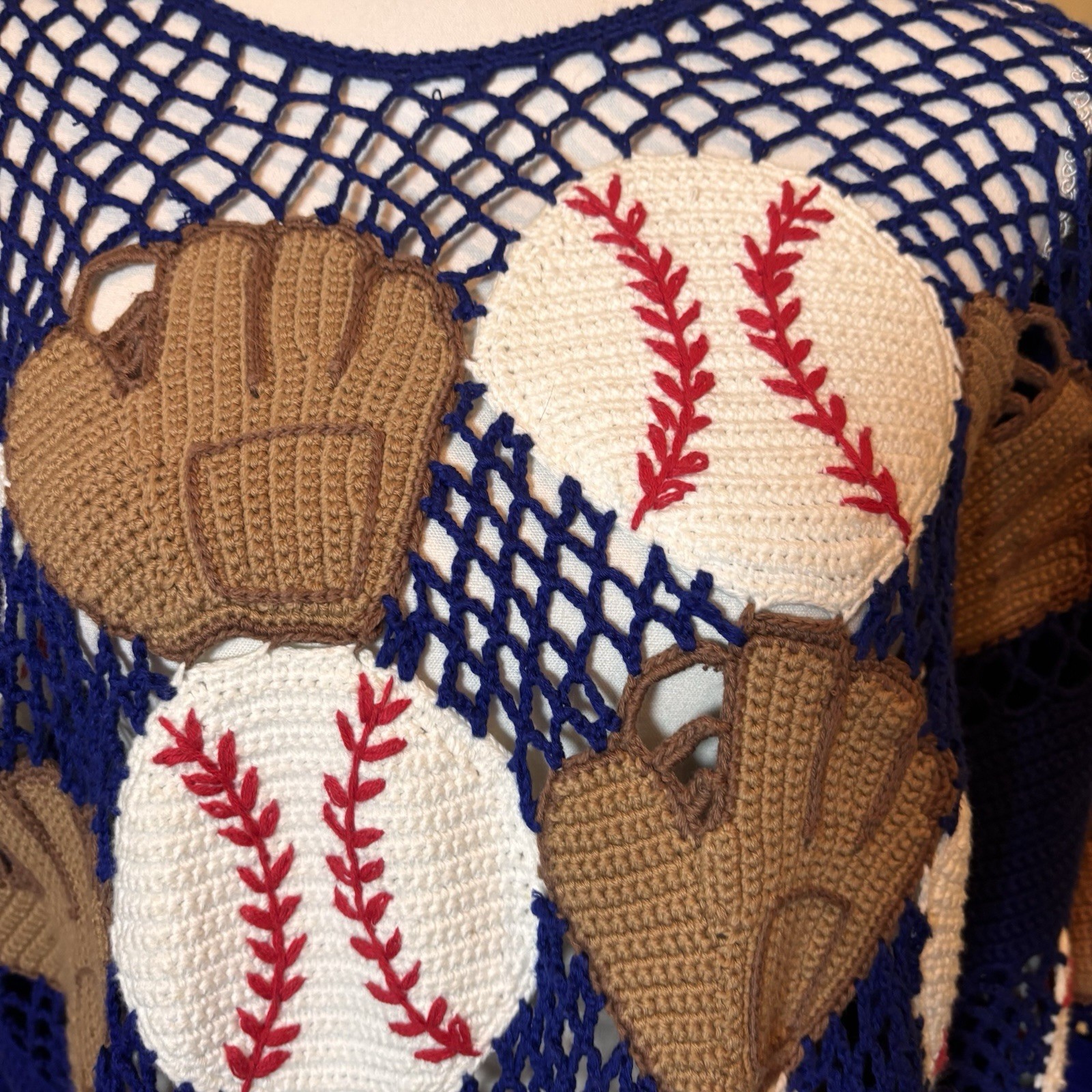 Vintage Berek2 Cotton Crochet Sweater Baseball Glove Novelty Size M/L Blue