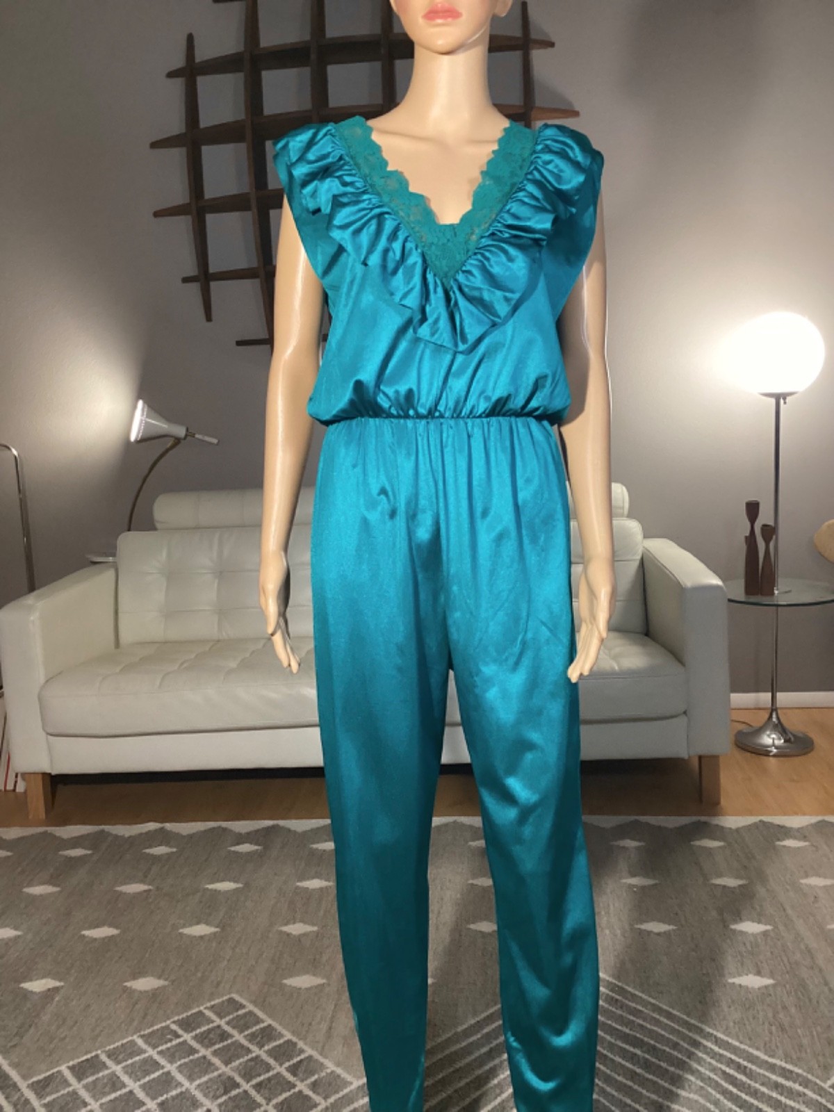 Vintage 80s Lady Cameo Nylon Ruffle Lace Jumpsuit Teal Lingerie Nightie Romper
