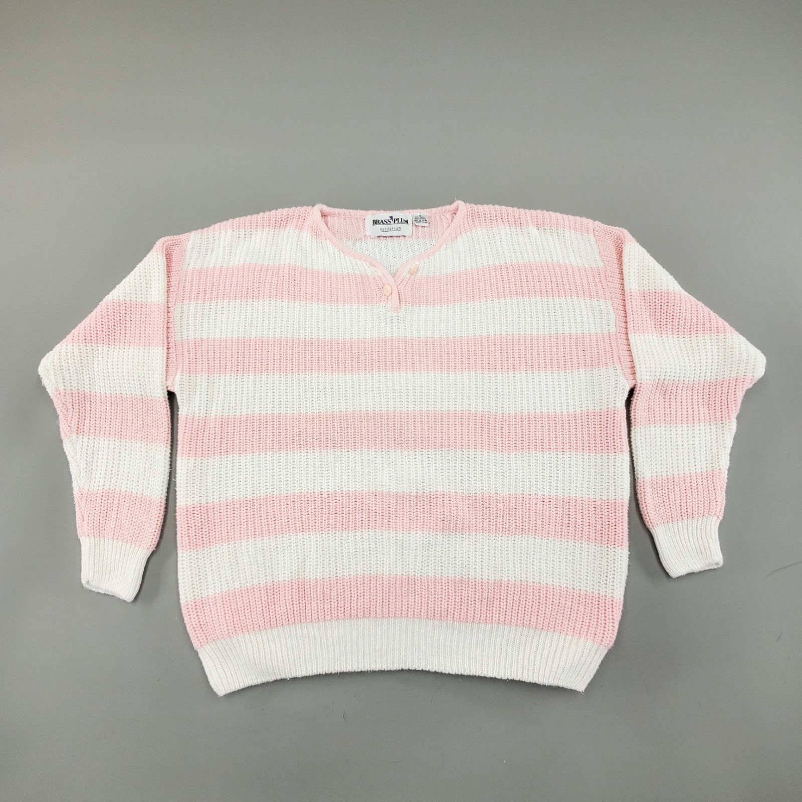 VTG Nordstrom Brass Plum Sweater Womens Sz M 80s 90s Pastel Pink Stripe Chunky