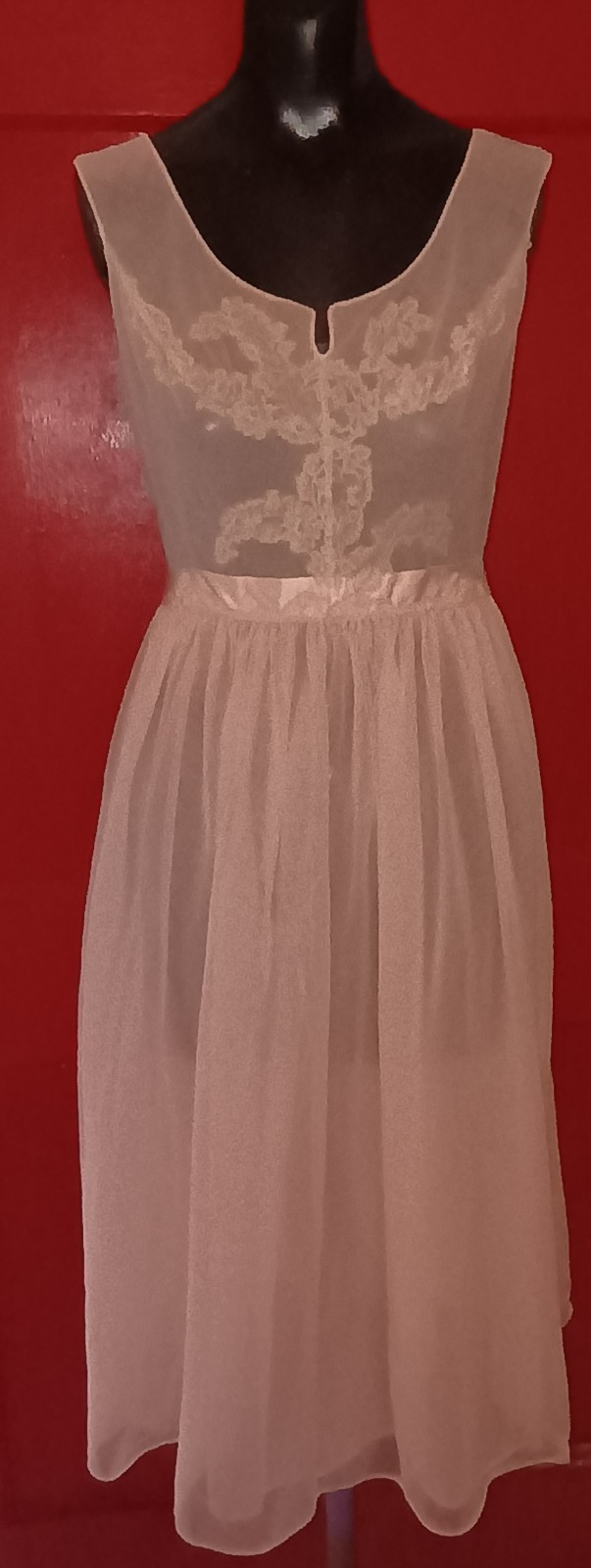 Vtg Luxite by Kayser Pink Dbl Sheer Nylon Chiffon Nightgown Sz 34 Lace