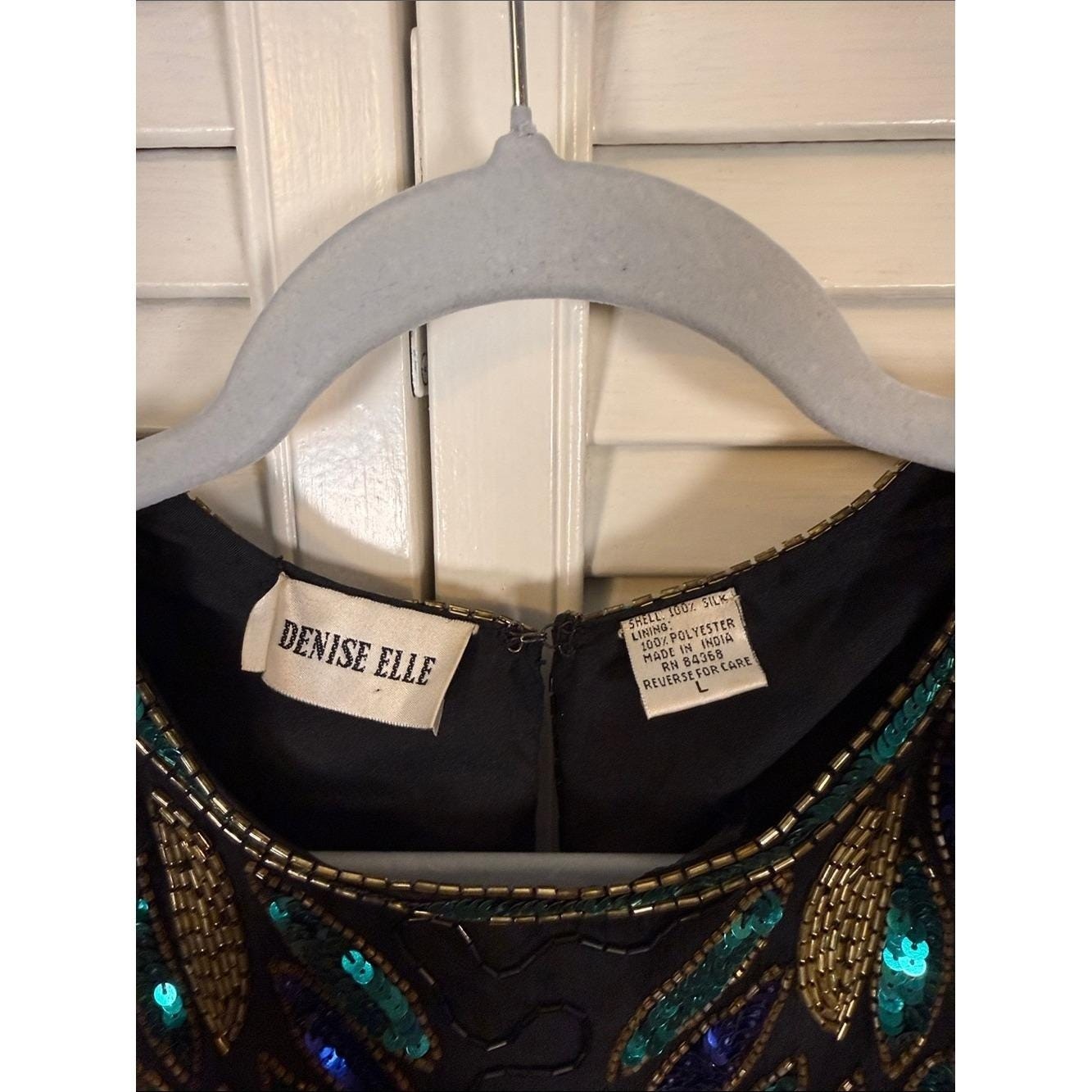 Vintage 80s Denise Elle Silk Beaded Sequin Peacock Blouse – Large