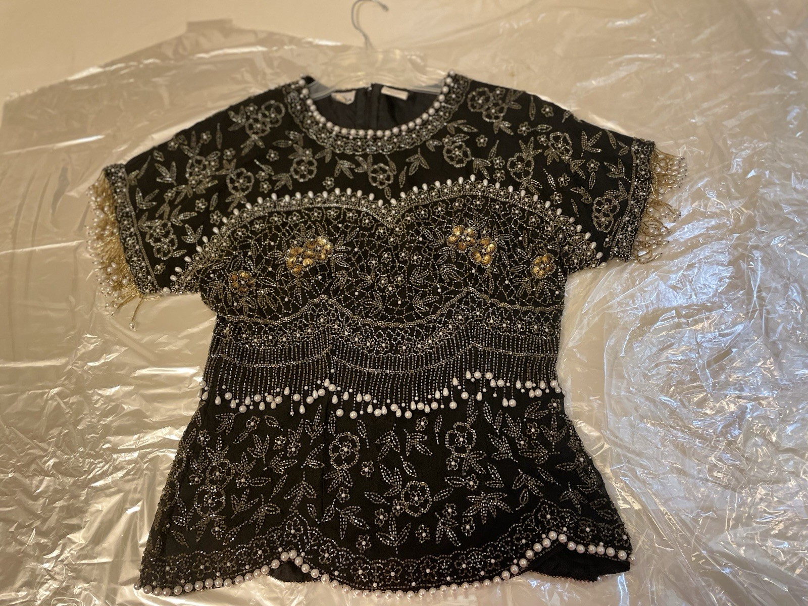 Vintage Patra Black Tie sequin beaded top. 100% Pure Silk. Women’s Size 8 NWOT