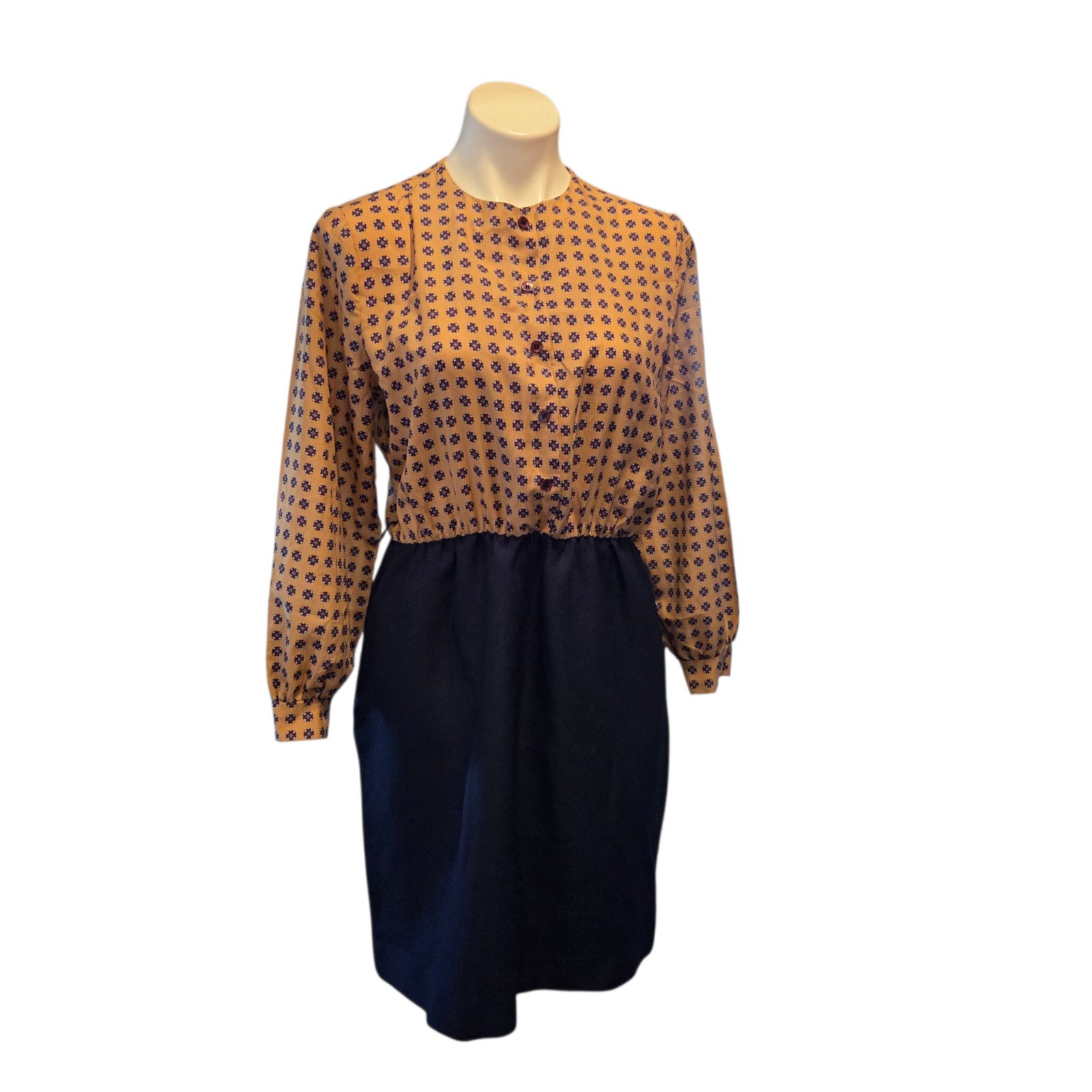 Vintage 70s Sears Roebuck Dress Size 14 Blue Tan 14 Petite Office Business Work