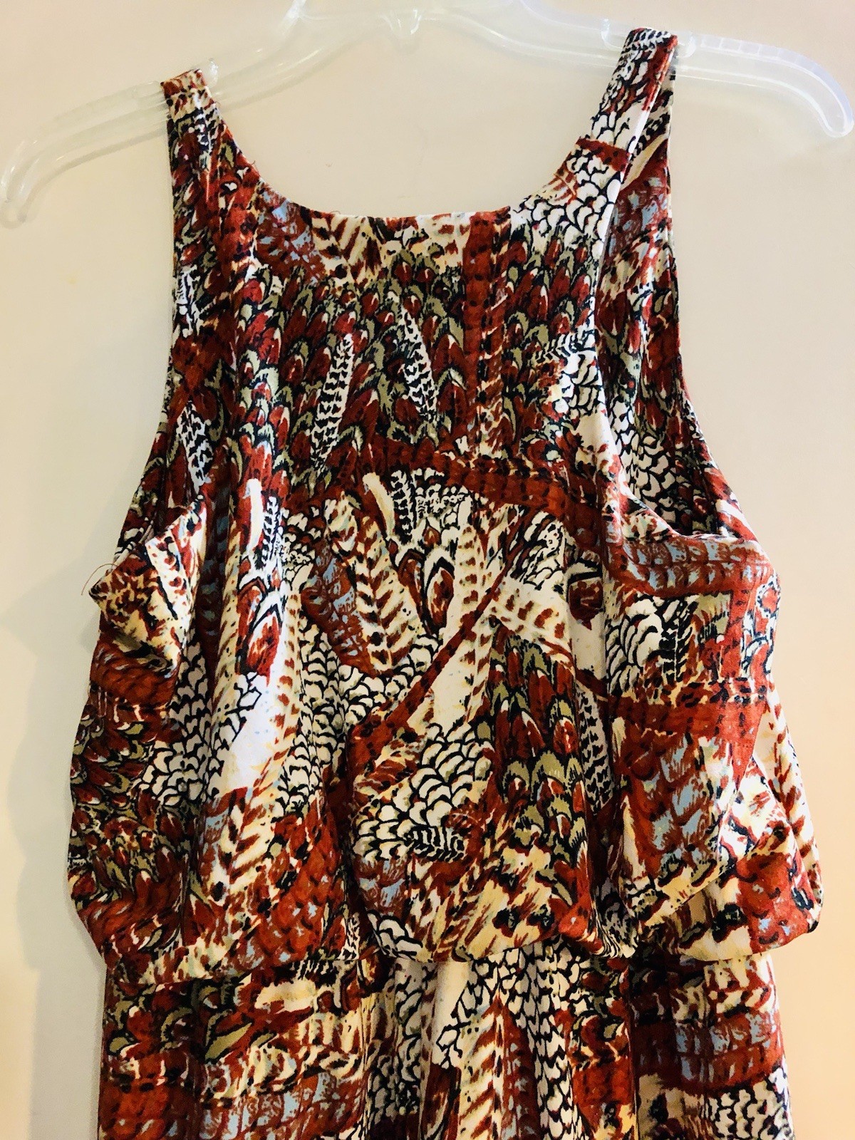 Women’s Size M Sleeveless 1 Piece Long Pants Orange Print Romper 53” Neck To Hem